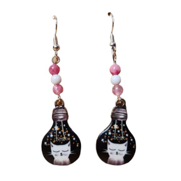 Handmade Cat Lightbulb Earrings with Pink and White Jade Beads | Lightweight - Picture 2 of 6